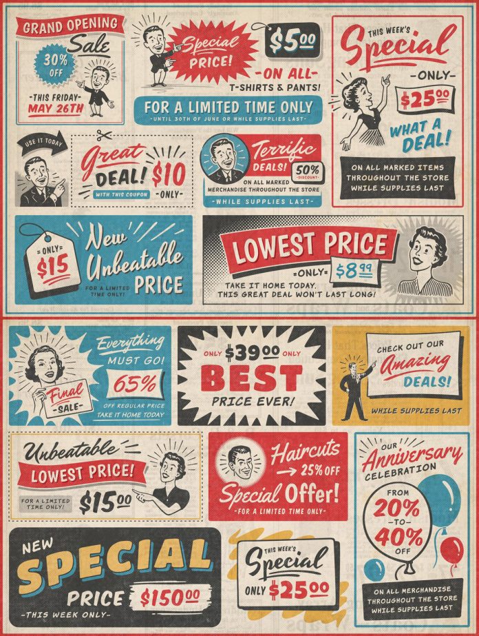 1950s retro style vintage ad templates for Adobe Illustrator and Photoshop created by DISTRICT 62 STUDIO.