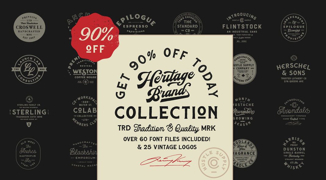 The Heritage Brand Collection — 60+ font files and 25 vintage logo templates from Hustle Supply Co.