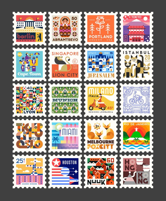 Town Squares: city stamps designed by the Makers Company.
