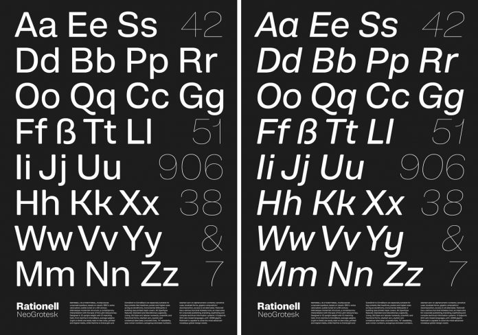 Rationell, a neogrotesk font family from PeGGO Fonts.