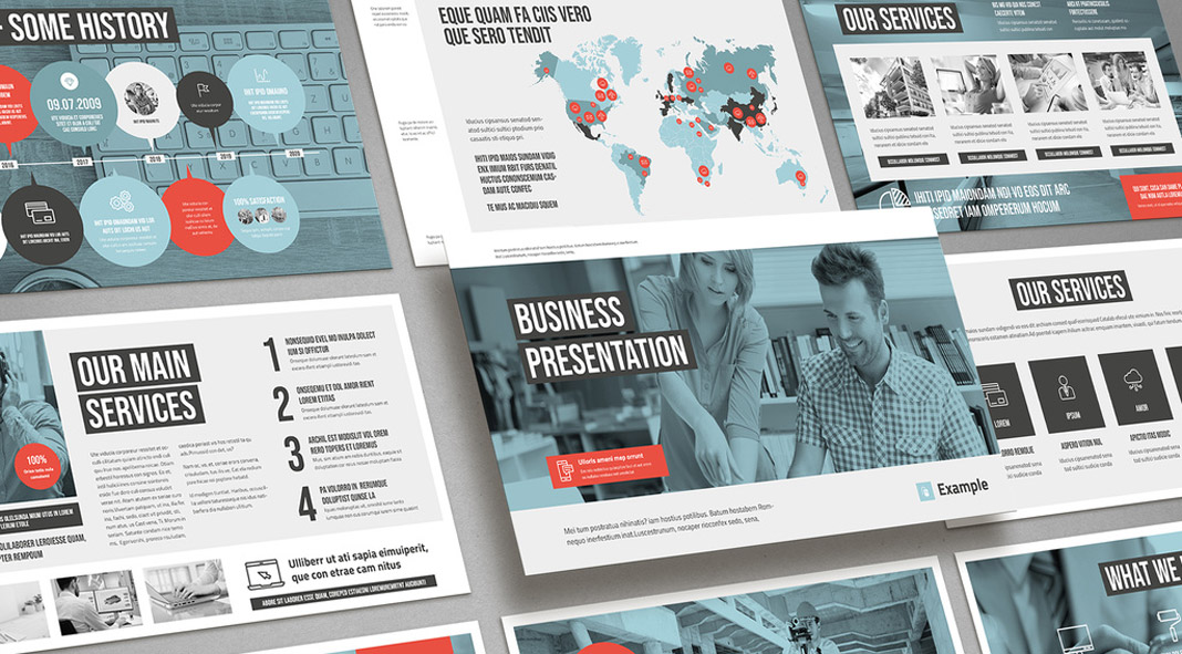 Adobe InDesign pitch deck design template with white and pale blue plus coral accents.