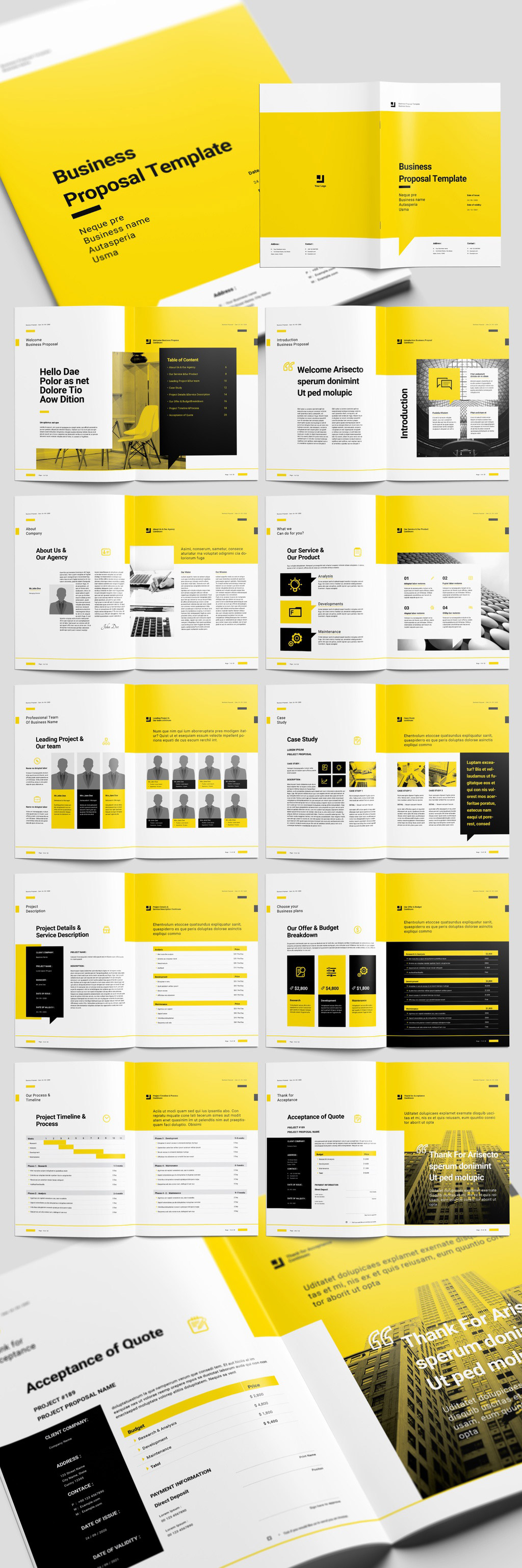 Yellow Proposal Brochure Layout with Black Accents by Sirisako