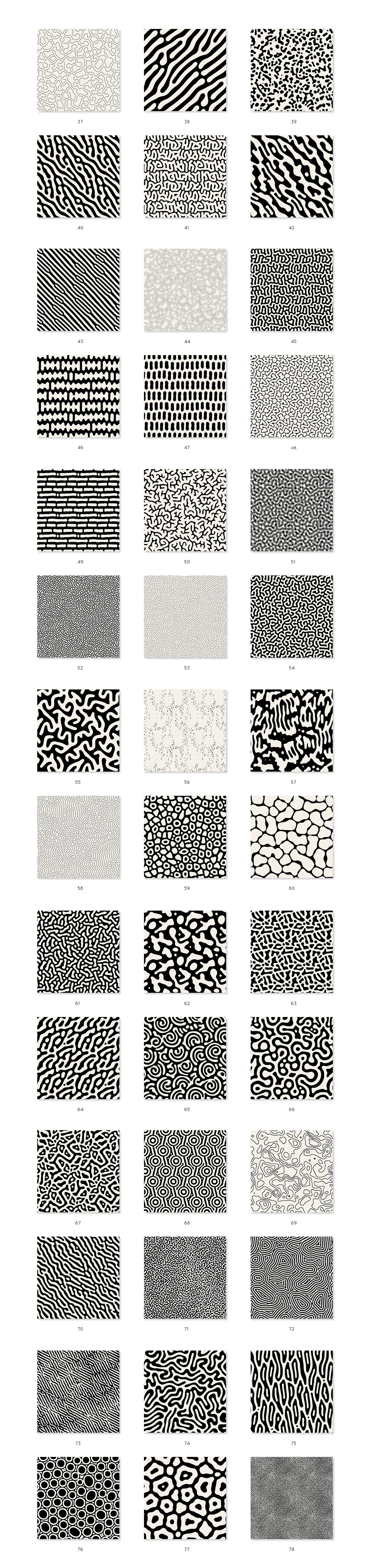 78 seamless organic patterns made as vector files for any kind of graphic design project.