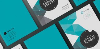 Annual Report Layout Template with Teal Elements for Adobe InDesign.
