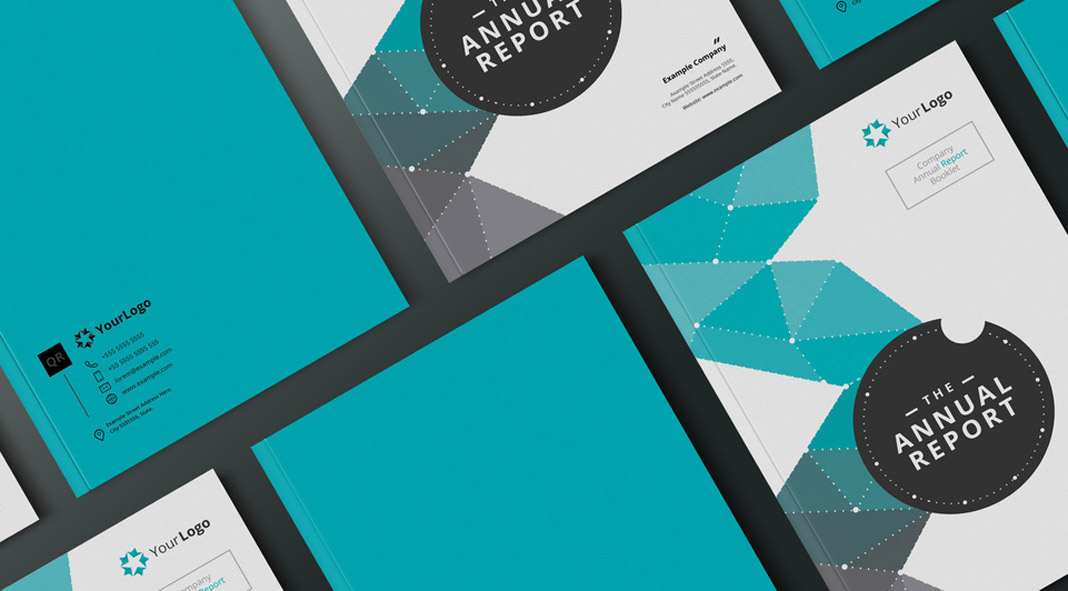 Annual Report Layout Template with Teal Elements for Adobe InDesign.