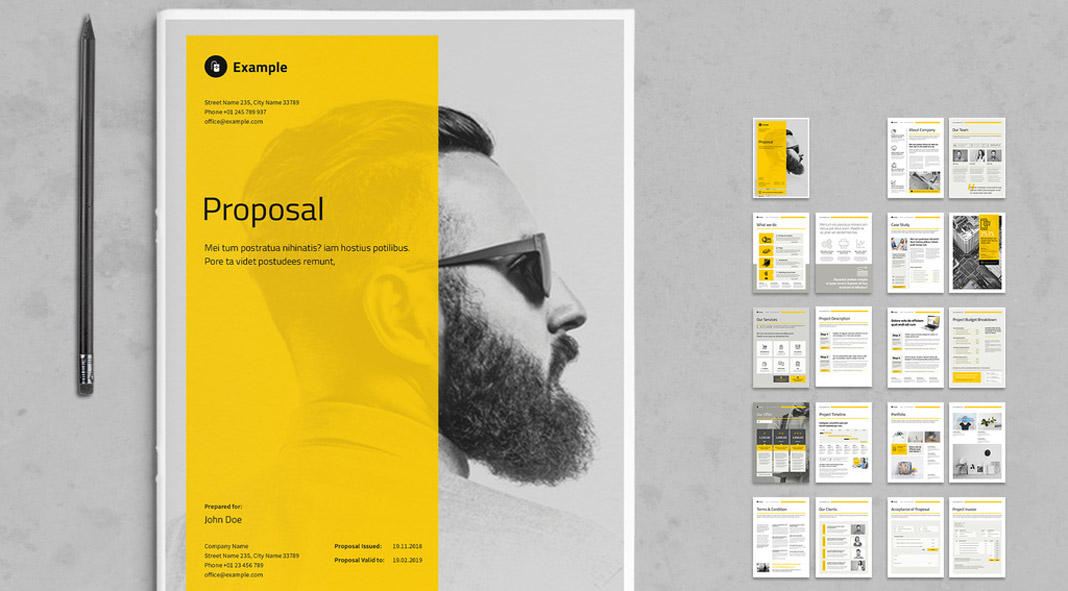 Business Proposal Template with Yellow and Gray Accents for Adobe InDesign.