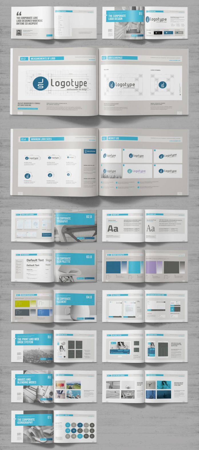 Adobe InDesign brand manual template with blue accents from MrTemplater.