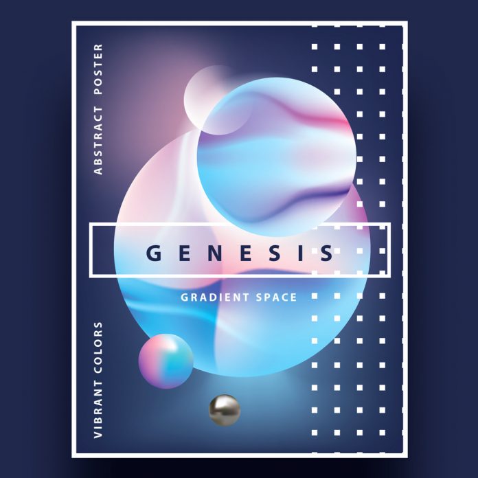 Geometric poster design template with abstract semi-surreal landscape.