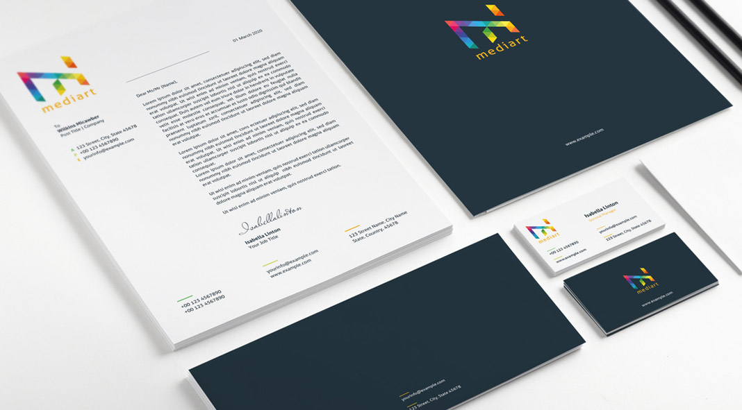 Stationery template for Adobe Illustrator with colorful design elements.