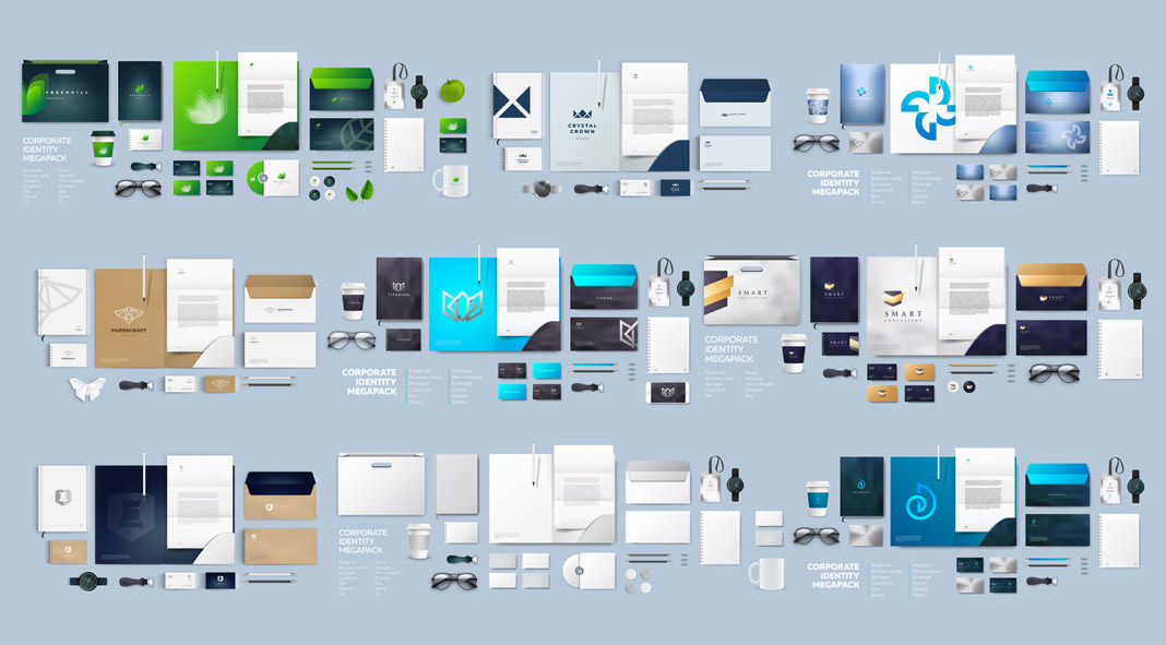 Stationery and branding mockups based on fully editable vector graphics.