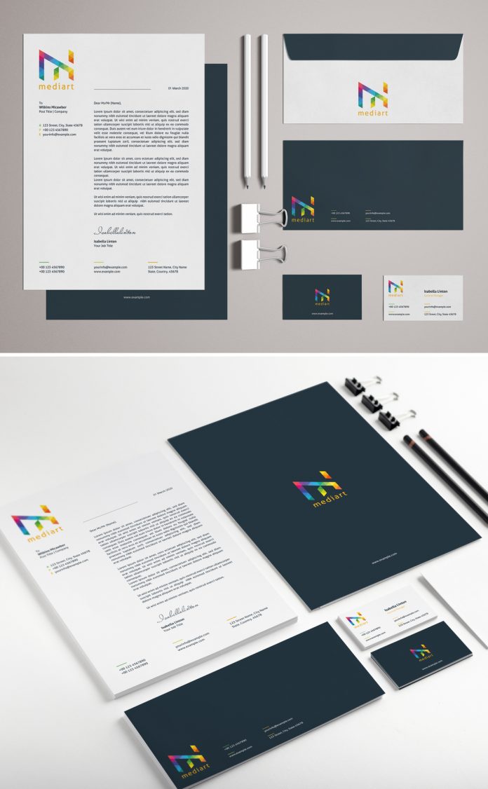 Stationery template for Adobe Illustrator with colorful design elements.