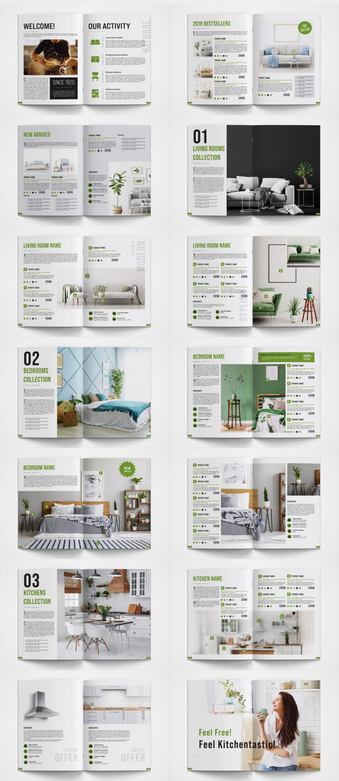 Product catalog template for Adobe InDesign with green accents.