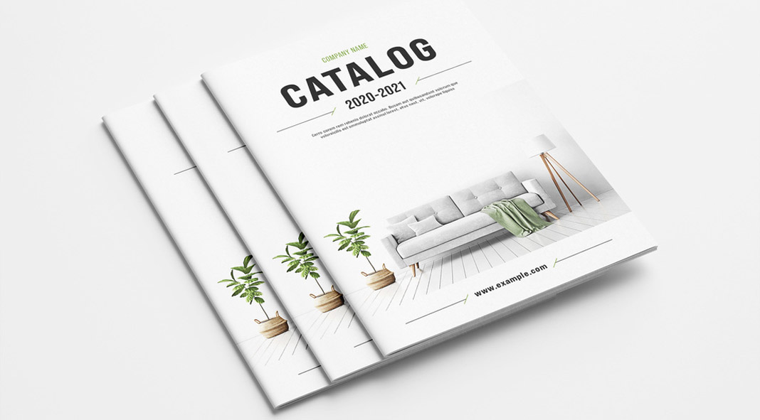 Product catalog template for Adobe InDesign with green accents.