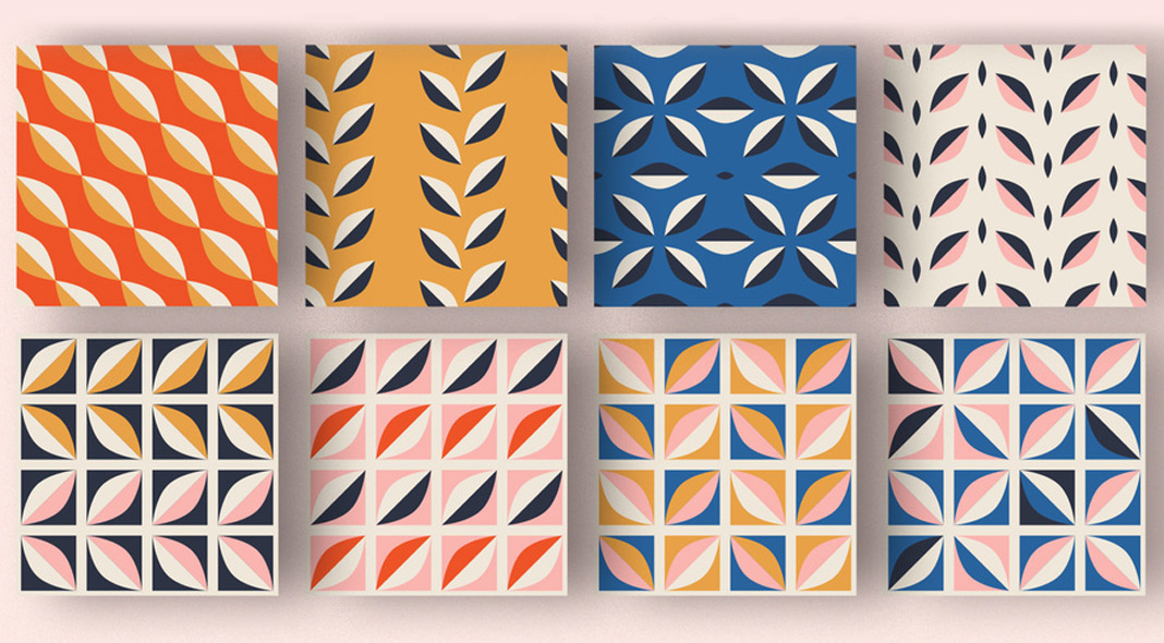 Seamless patterns consisting of simple geometric shapes.