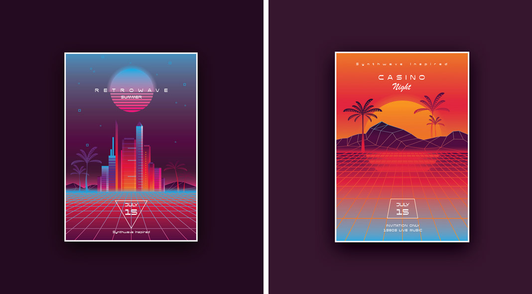 1980s and cyberpunk inspired poster design templates available as fully editable vector graphics.