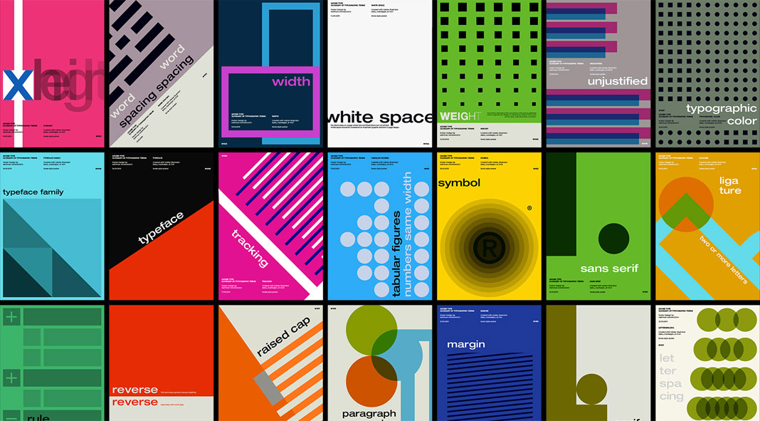 Swiss Graphic Design inspired Posters based on the Adobe Fonts Glossary Typography Terms.