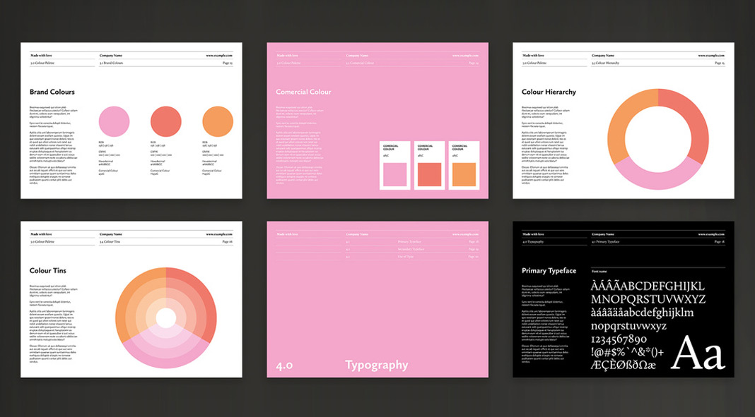 Adobe InDesign brand manual guidelines template with pink accents.