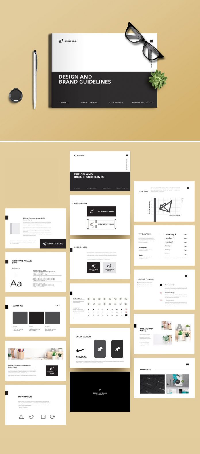 Minimalist black and white brand guidelines template for Adobe InDesign.