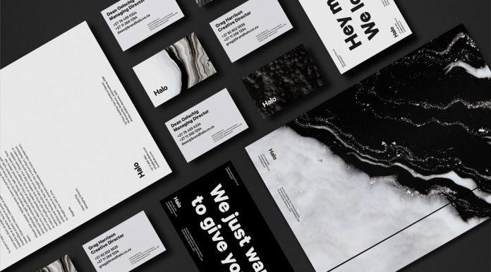 A monochromatic  brand identity created by Candice Bondi for Halo Advertising