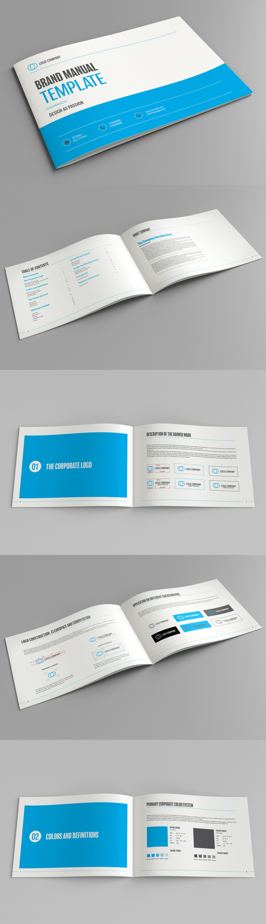 Brand manual template with blue accents from @GrkiCreative.