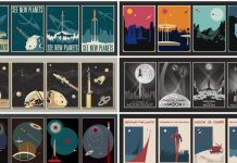 Retrofuturistic, sci-fi, and space travel-inspired poster templates.