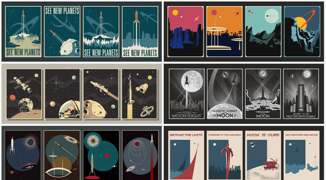 Retrofuturistic, sci-fi, and space travel-inspired poster templates.