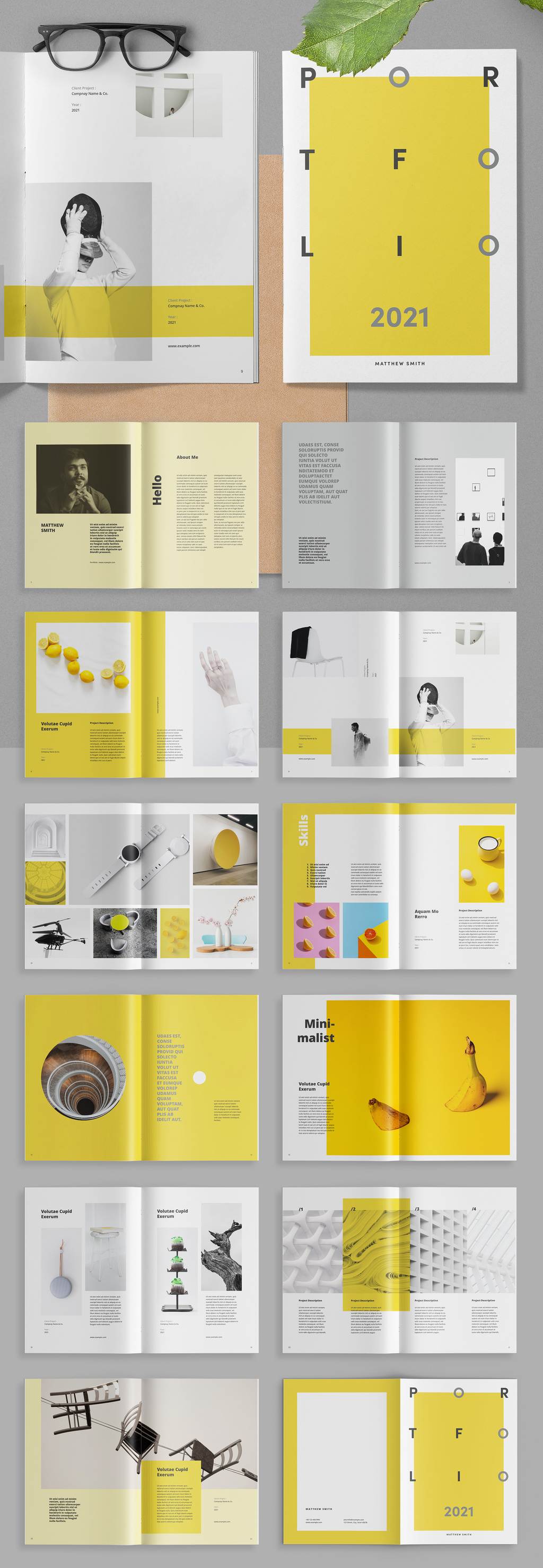 Portfolio template with yellow and gray accents.