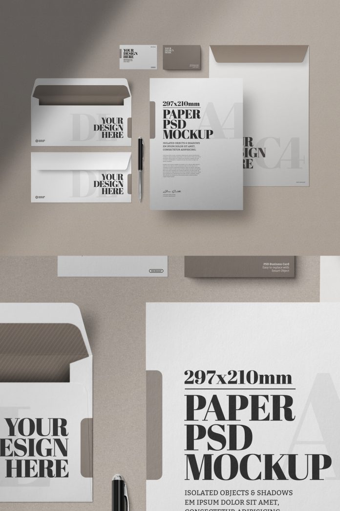 Stationery Photoshop Mockup, Business Cards, Envelopes, and Letterheads.