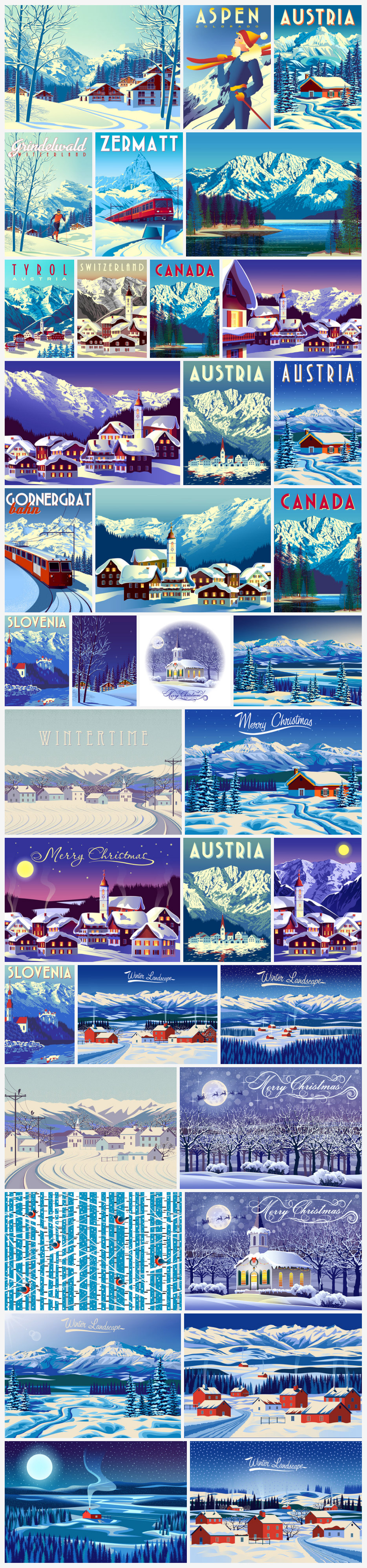 Vintage travel vector graphics of mountains, villages, and winter landscapes.