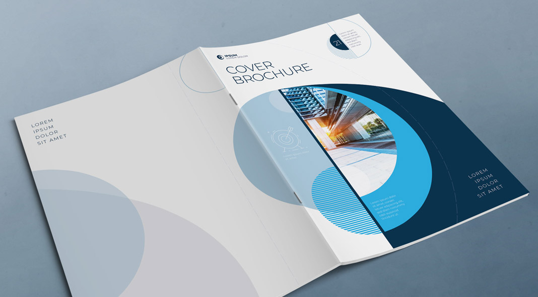Business report cover layout with blue circle elements.