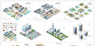 Isometric vector graphics of buildings, diverse objects, and city maps.