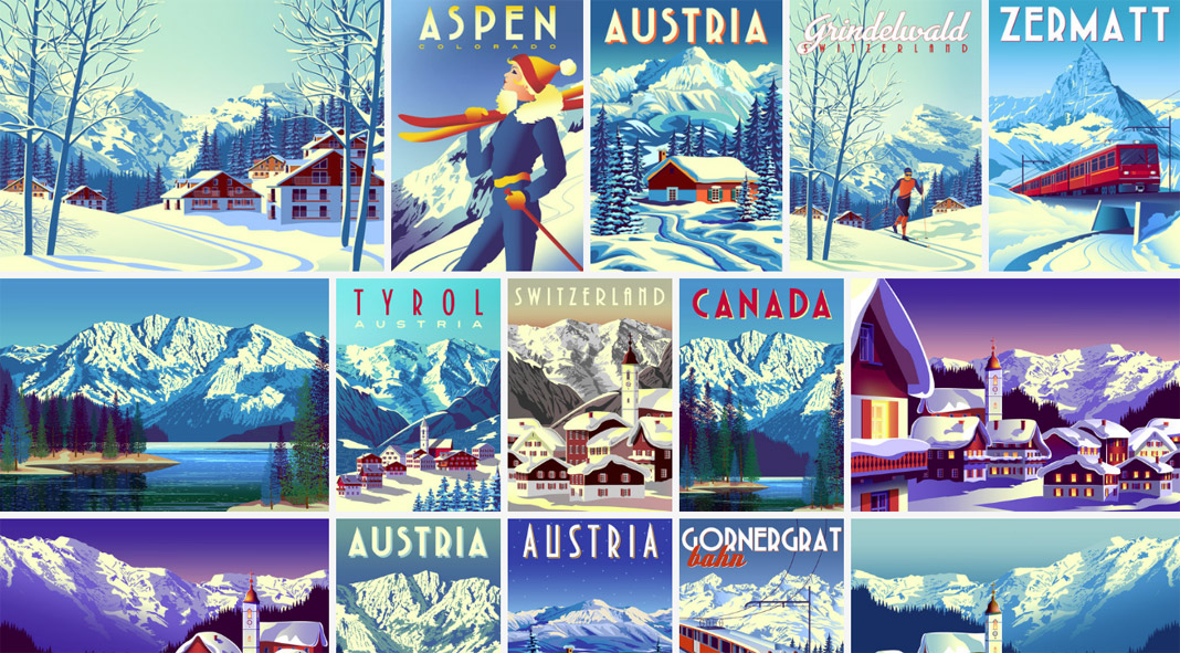 Vintage travel vector graphics of mountains, villages, and winter landscapes.