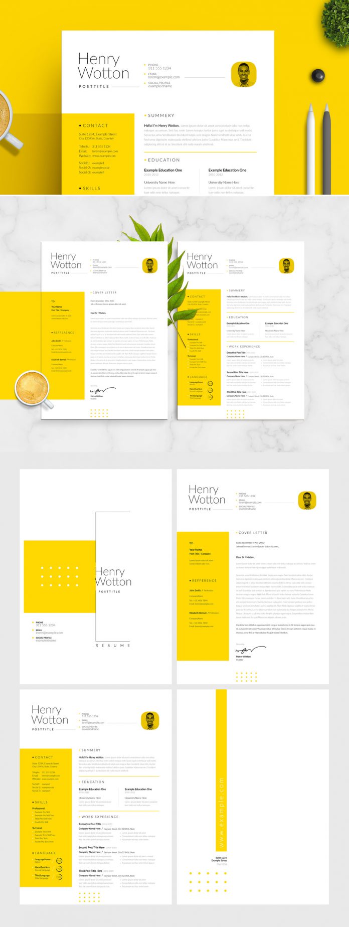 Minimal Resume and Cover Letter Layout with Yellow Accent