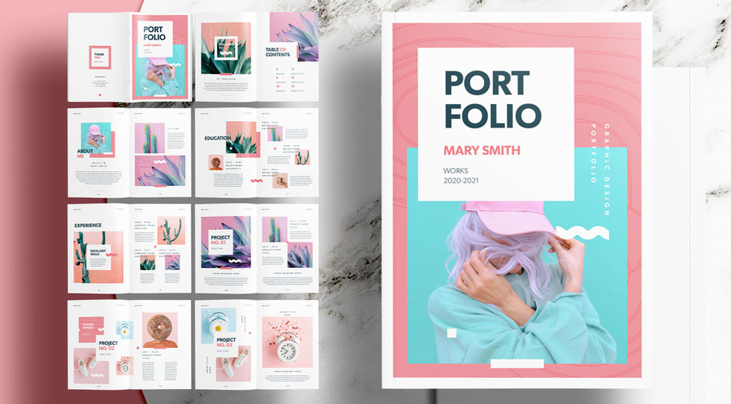 Portfolio template with pink accents.