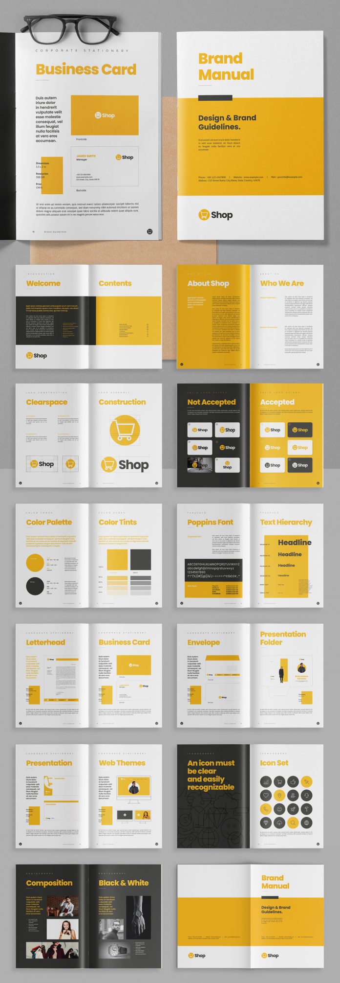 Brand Manual Template with Yellow Accents by Adobe Stock contributor bourjart.