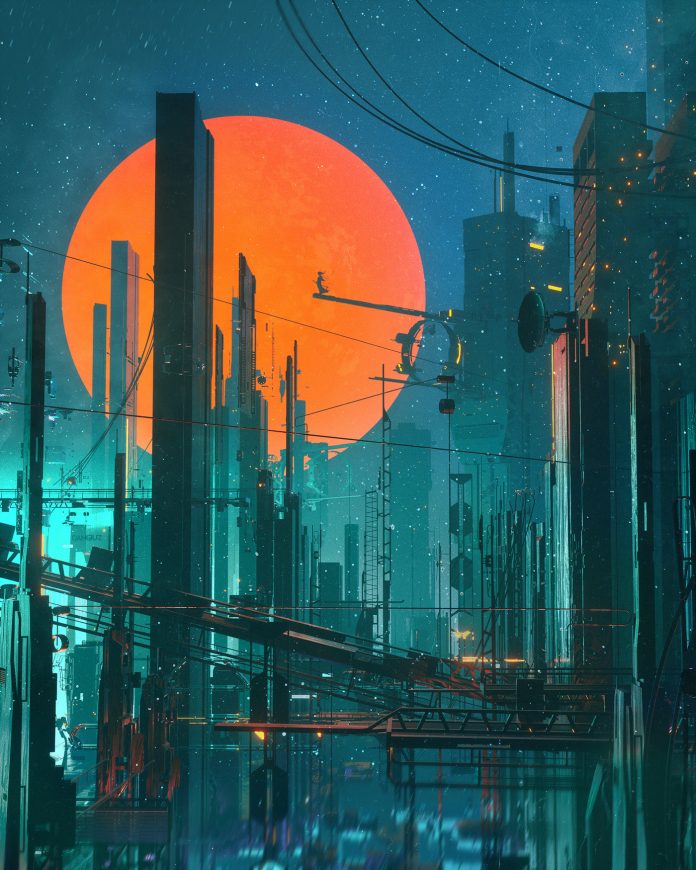 Cyberpunk sci-fi illustration by Dangiuz (aka Leopoldo D'Angelo).