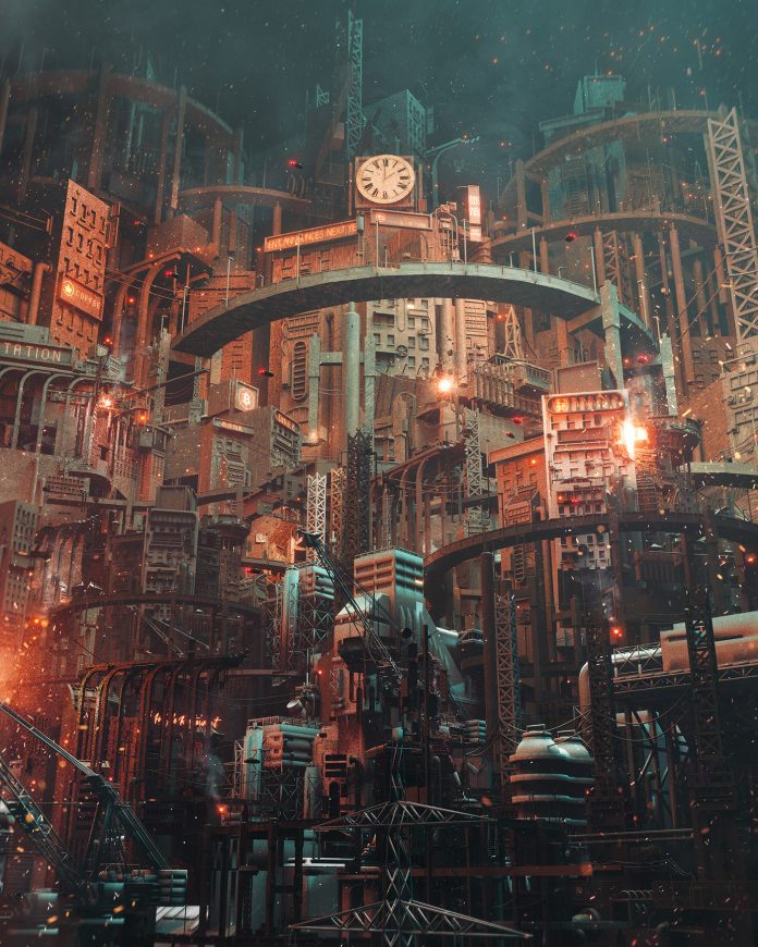 Cyberpunk sci-fi illustration by Dangiuz (aka Leopoldo D'Angelo).