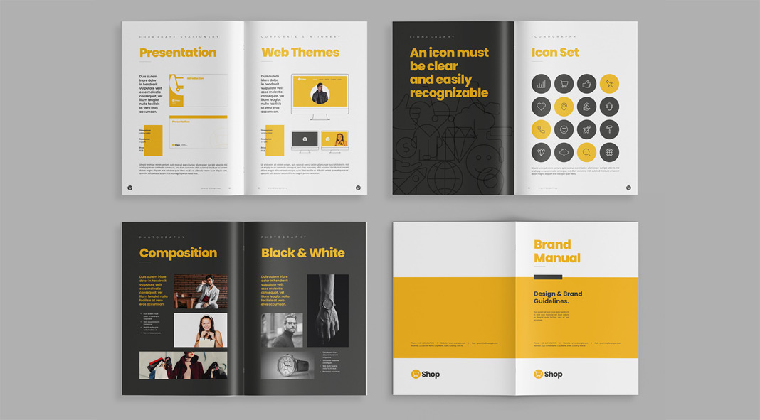 Brand Manual Template with Yellow Accents by Adobe Stock contributor bourjart.