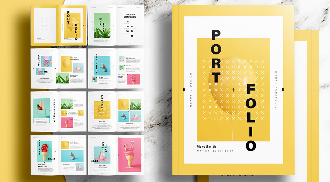 Portfolio InDesign Layout with Yellow Accents