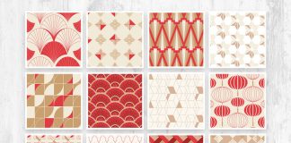 Seamless Red and Gold Art Deco Chinoiserie Pattern with Geometric Shapes