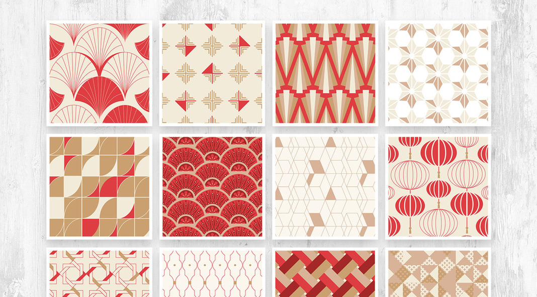 Seamless Red and Gold Art Deco Chinoiserie Pattern with Geometric Shapes