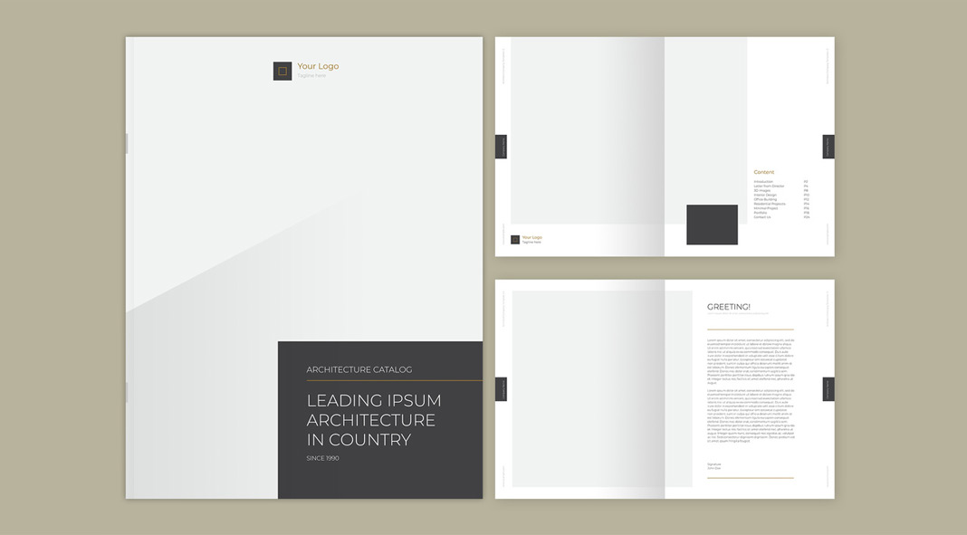 Adobe InDesign Catalog Template with Gray and Gold Accents.