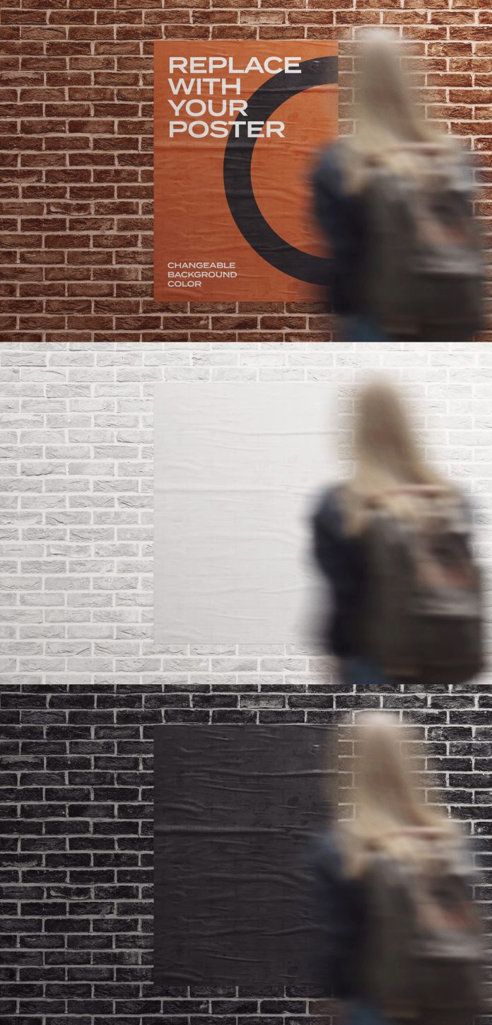 Glued poster mockup on a brick wall with a woman in the front.