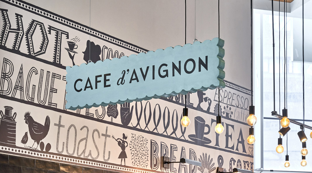 Branding by Mucca and illustrator Jeffrey Fisher for Cafe d’Avignon.