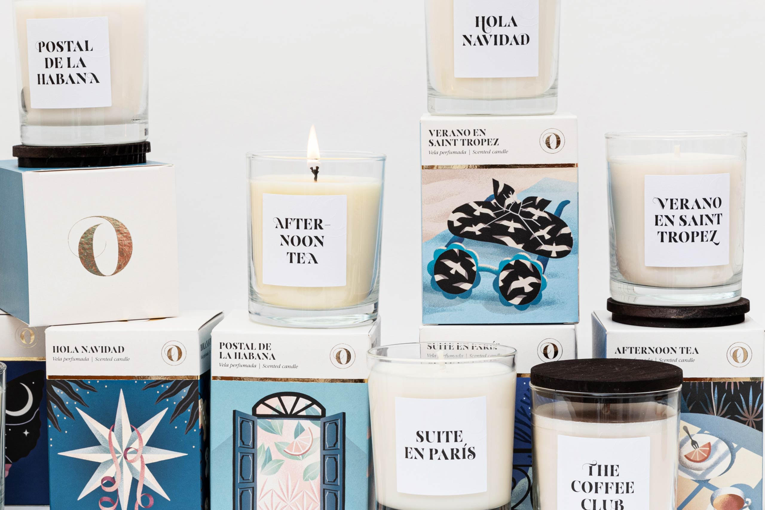 Packaging design by Marina Goñi Studio for the candle collection of The Singular Olivia
