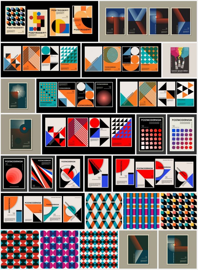 Postmodernism and Bauhaus-inspired vector graphics of geometric shapes including minimalist posters and background patterns.
