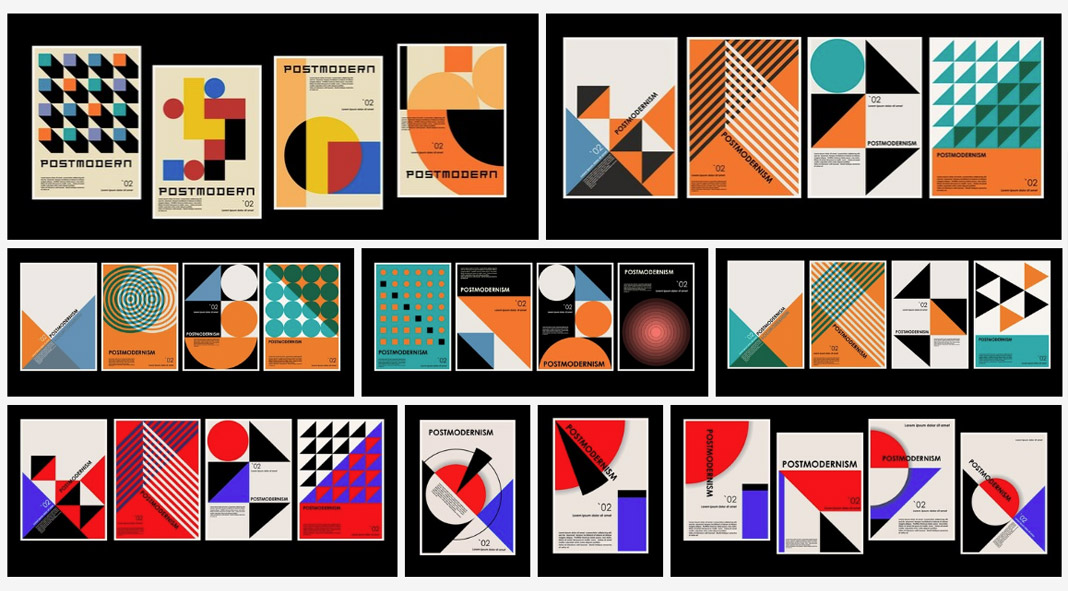 Postmodernism and Bauhaus-inspired vector graphics of geometric shapes including minimalist posters and background patterns.