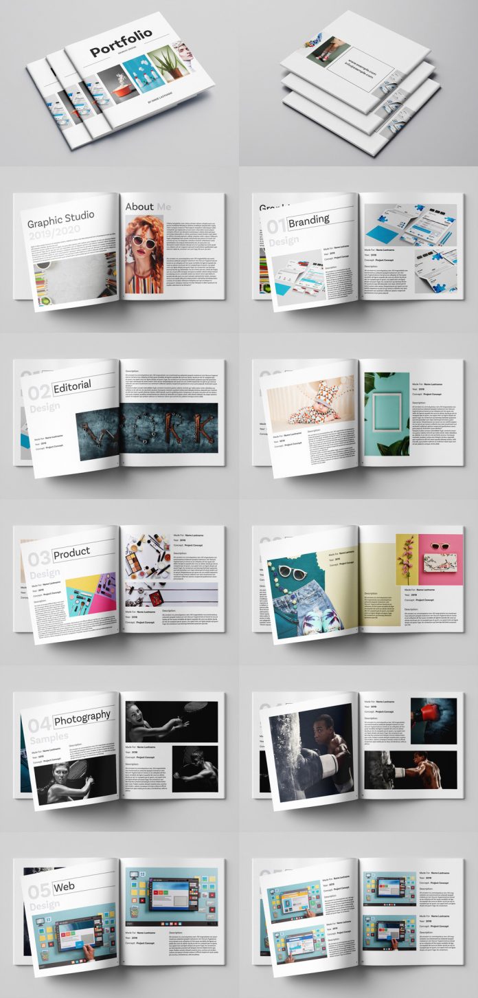 Square Graphic Design Portfolio InDesign Template by GrkiCreative.