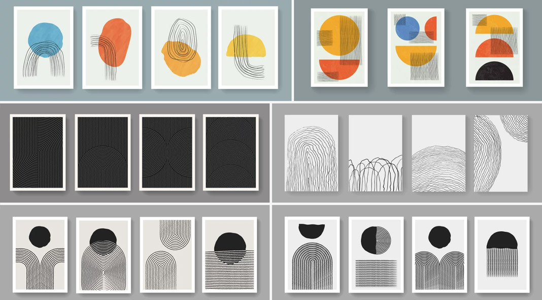 Vector graphics of abstract, minimalist geometric poster templates.