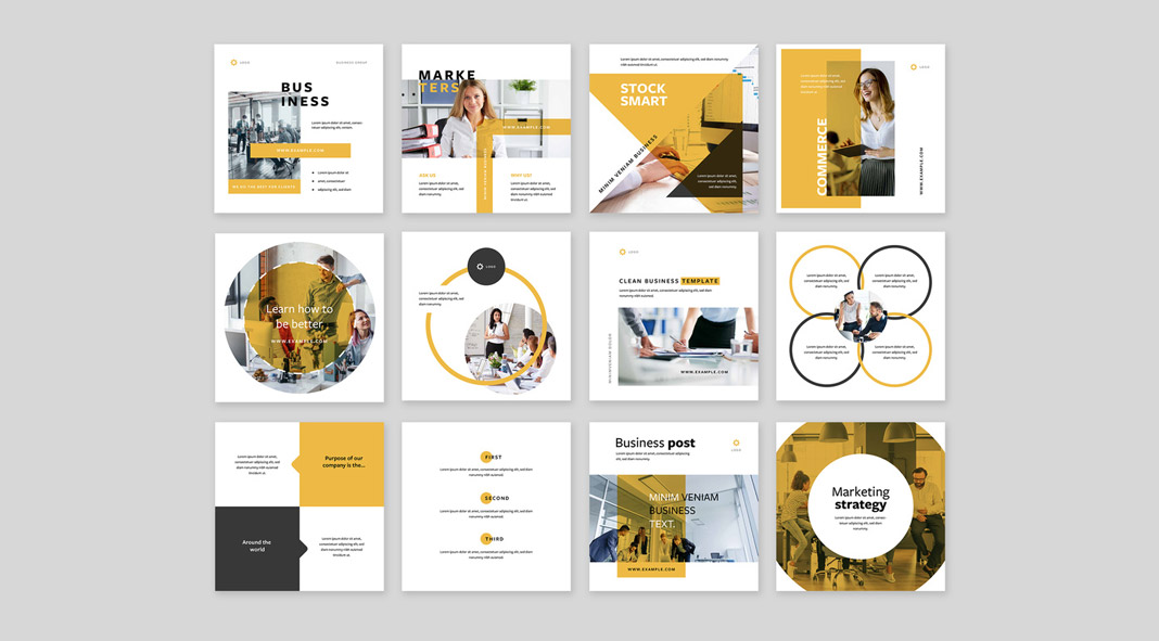 Clean Business Social Media Templates with Graphic Shapes and Yellow Accents